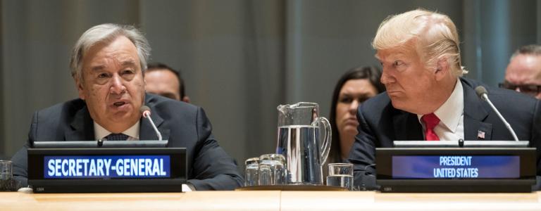 UN Secretary General Antonio Guterres sits near U.S. President Donald Trump at a high-level event