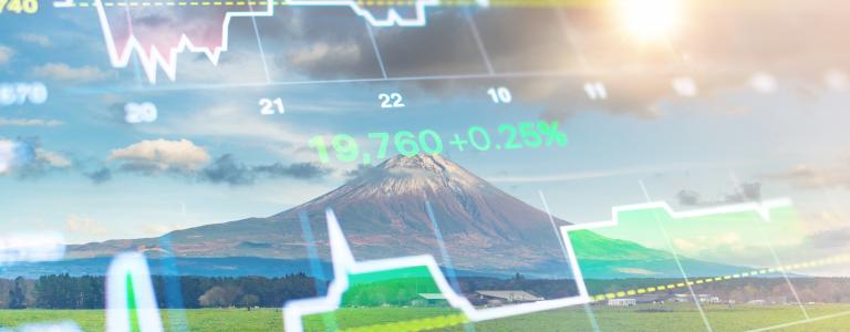 Graphs displayed in front a Fuji mountain and Kawaguchiko lake in the morning