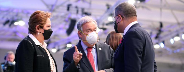 UNFCCC Executive Secretary Patricia Espinosa, UN Secretary-General Antonio Guterres, COP 26 President Alok Sharma on November 11, 2021, in Glasgow at COP 26