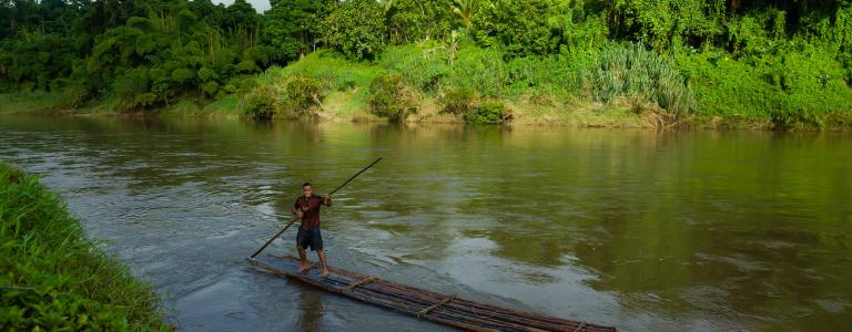 Sireli Bale, 25 years old of Malabe village bringing his bamboo raft to its mooring point after returning from his farm on the other side of the Wainibuka River.