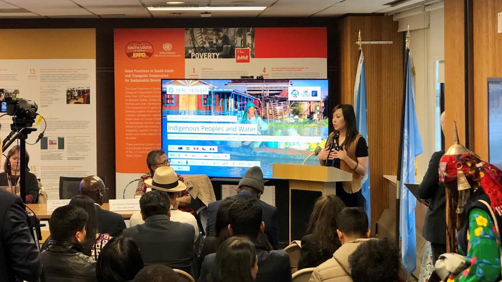 Stephanie Thorassie, member of Sayisi Dene First Nation, Canada, and executive director of the Seal River Watershed Alliance speaking on March 23, 2023, at the official UN 2023 Water Conference event “Indigenous Peoples and Water: Joint Commitments to transforming water governance, climate adaptation, and biodiversity.” 